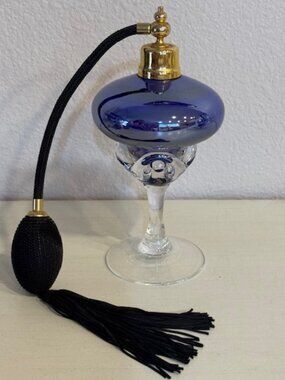Vintage Iridescent Cobalt Blue Glass Heavy Pedestal Perfume Atomizer